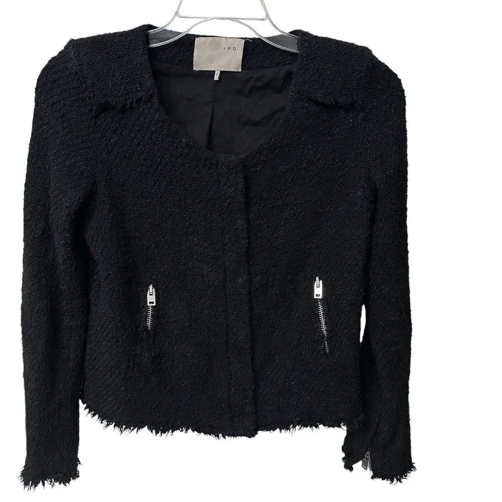 IRO Agneta Black Boucle Tweed Knit‎ Jacket Size 2 Full Zip Pockets